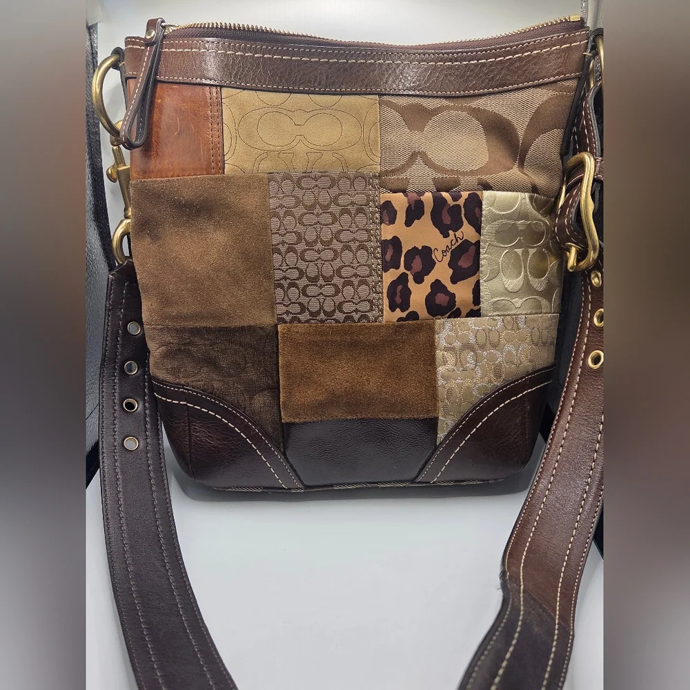 VTG COACH Patchwork Top Zipper Crossbody Tote Shoulder Bag Brown Lining - Picture 1 of 10